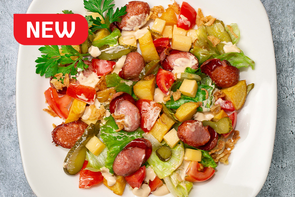 Тёплый салат с охотничьими колбасками